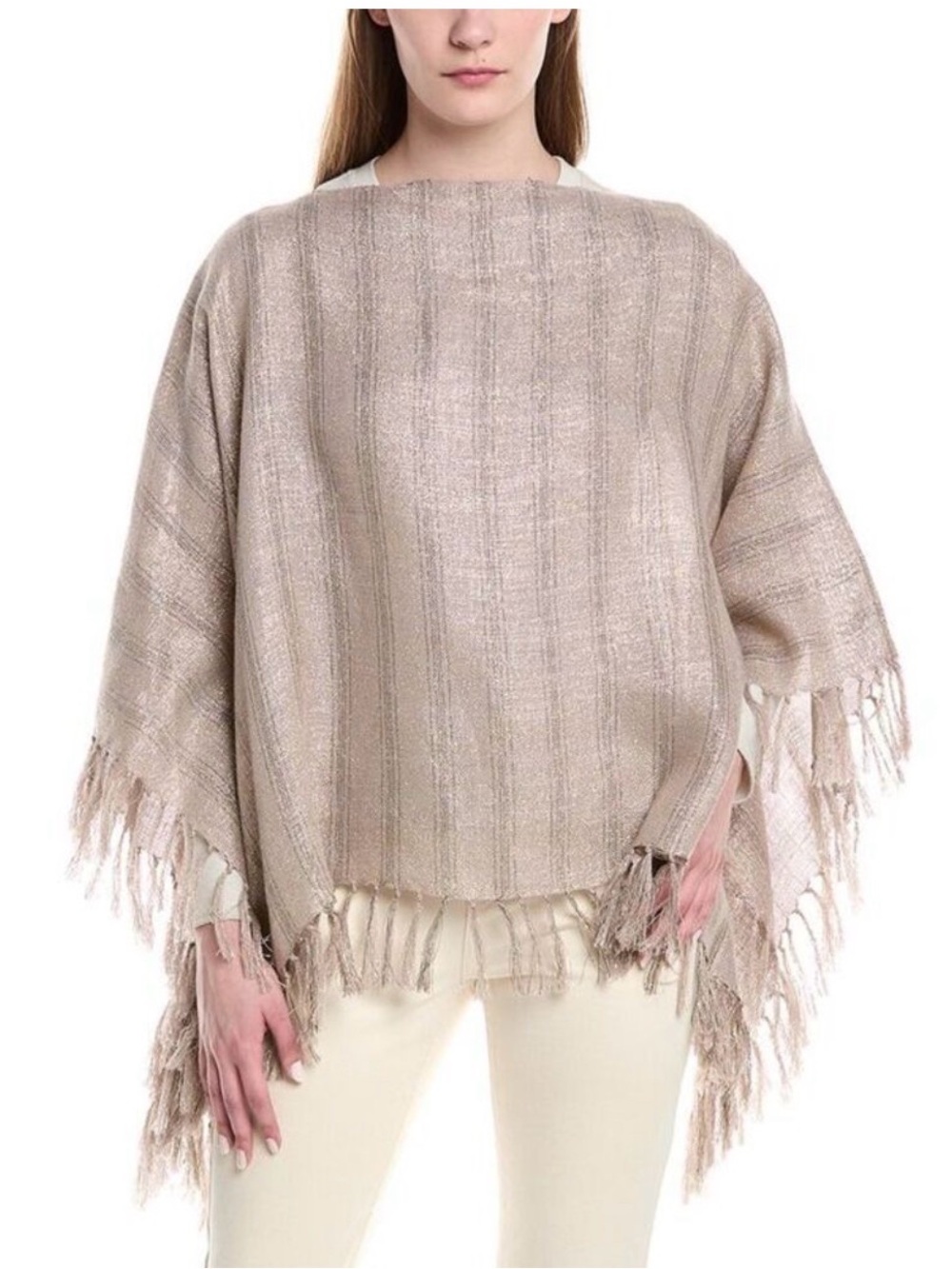 NWT Brunello Cucinelli Sparkling Regimental Fringed Linen-Blend Poncho, Gold